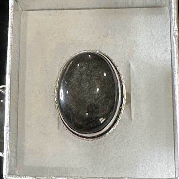 Silver sheen obsidian stamps, 925 silver overlay, gemstone ring oval adjustable - Picture 3 of 5